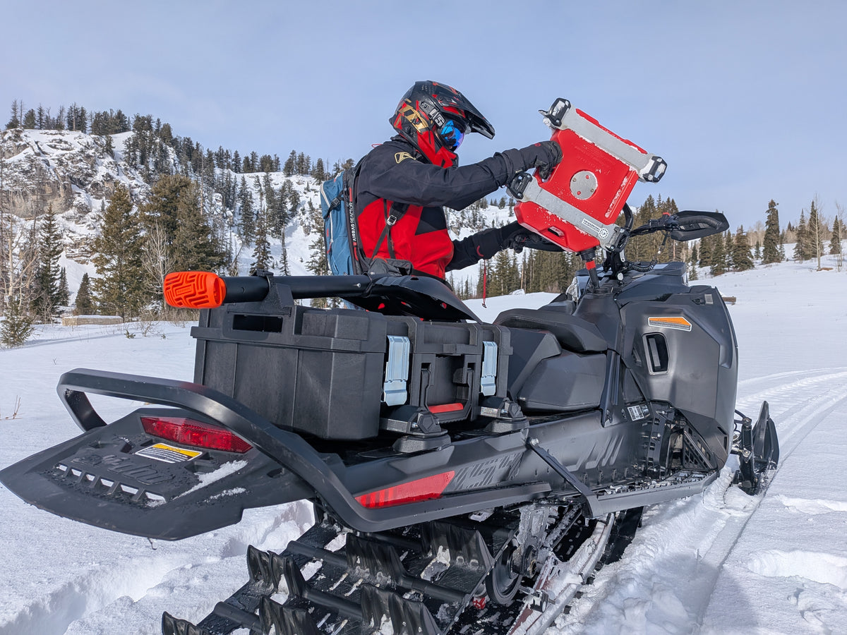 Tunnel Tote stacked on a Tunnel Tank on a snowmobile