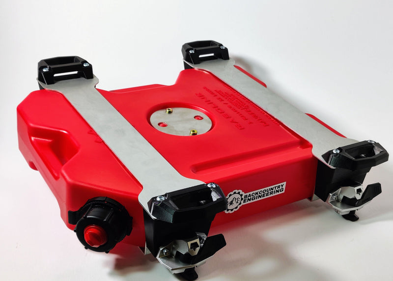 A red and silver Tunnel Tank fuel storage container for snowmobiles, showing a top view with mounting brackets.